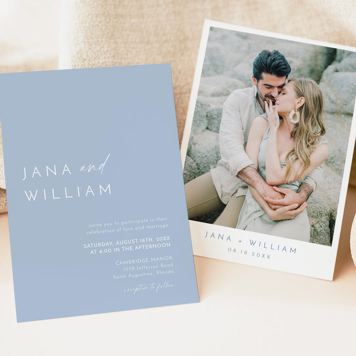 KENNEDY Light Blue Coastal Wedding Invitation with Photo