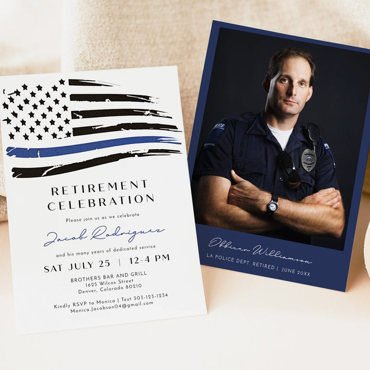 POLICE Officer Thin Blue Line Flag Retirement Party Invitation with Photo