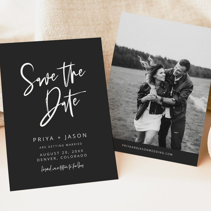 PRIYA Modern Black and White Wedding Save the Dates with Photo