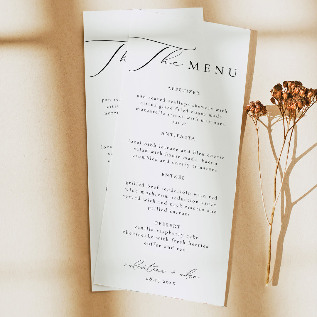 VALENTINA Minimalist Black and White Wedding Menu Cards
