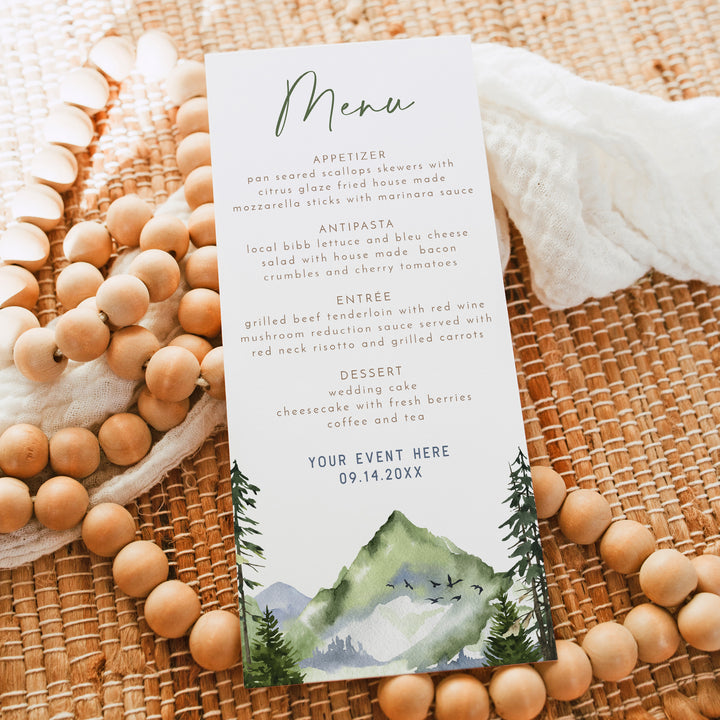 FINN Rustic Mountain and Pine Table Menu