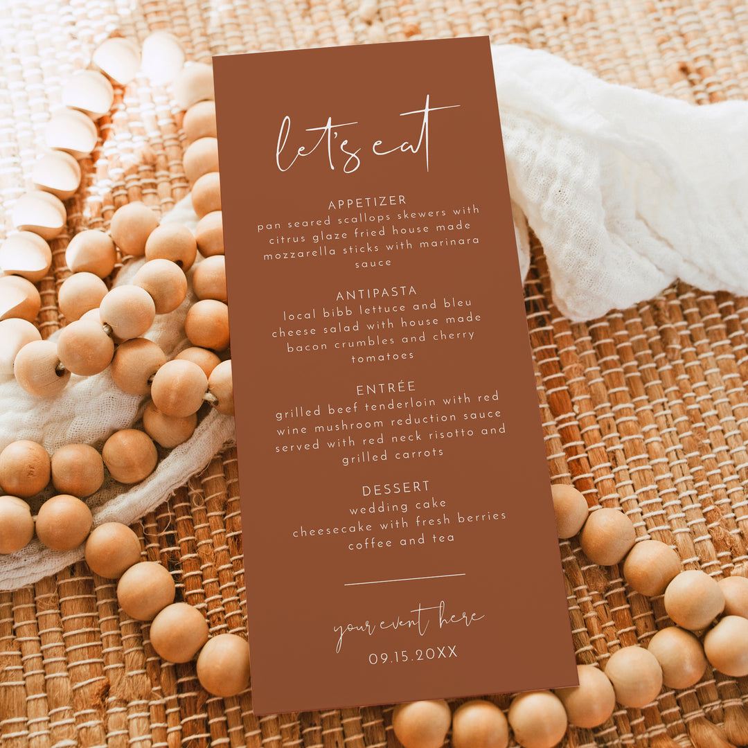 CORIANDER Burnt Orange Desert Wedding Dinner Menu Cards