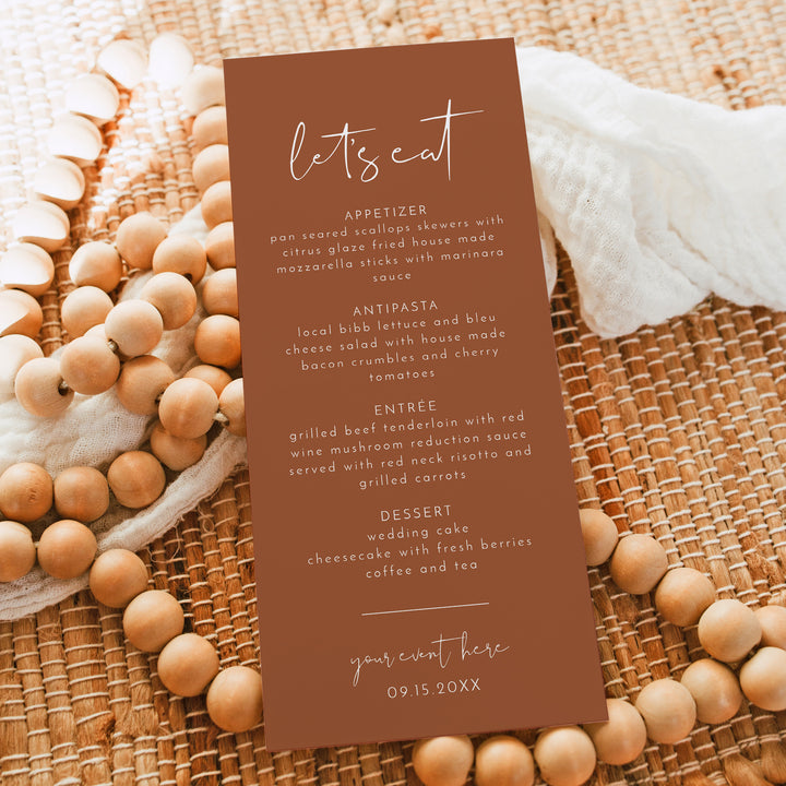 CORIANDER Burnt Orange Desert Wedding Dinner Menu Cards