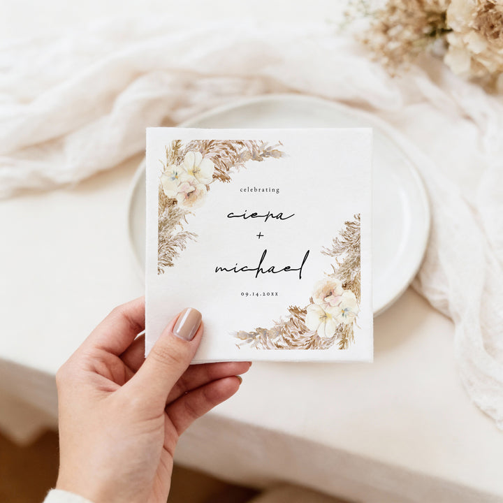 CIERA Cream Floral and Pampas Grass Wedding Napkin