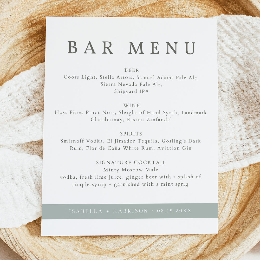 NINA Simple Sage Green Boho Wedding Bar Menu Sign Unframed