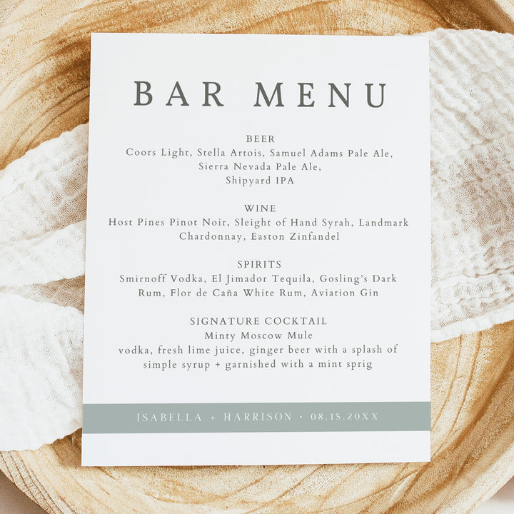 NINA Simple Sage Green Boho Wedding Bar Menu Sign Unframed