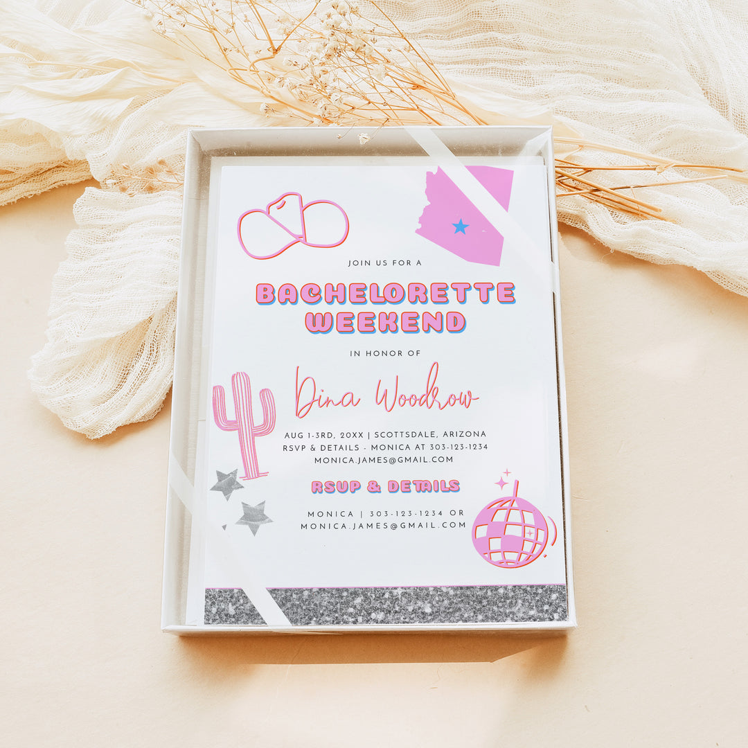 DINA Scottsdale Disco Cowgirl Bachelorette Invitation & Itinerary