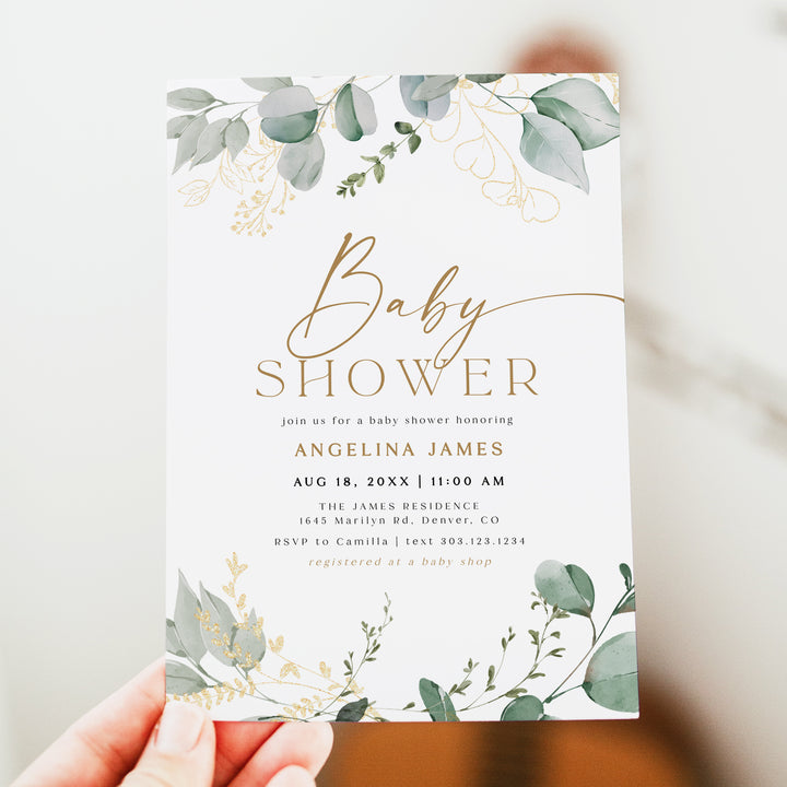 CALIA Elegant Greenery and Gold Baby Shower Invitation Template