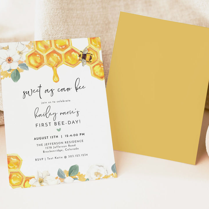 ROMY Sweet as Can Bee Girl's 1st Birthday Party Invitation