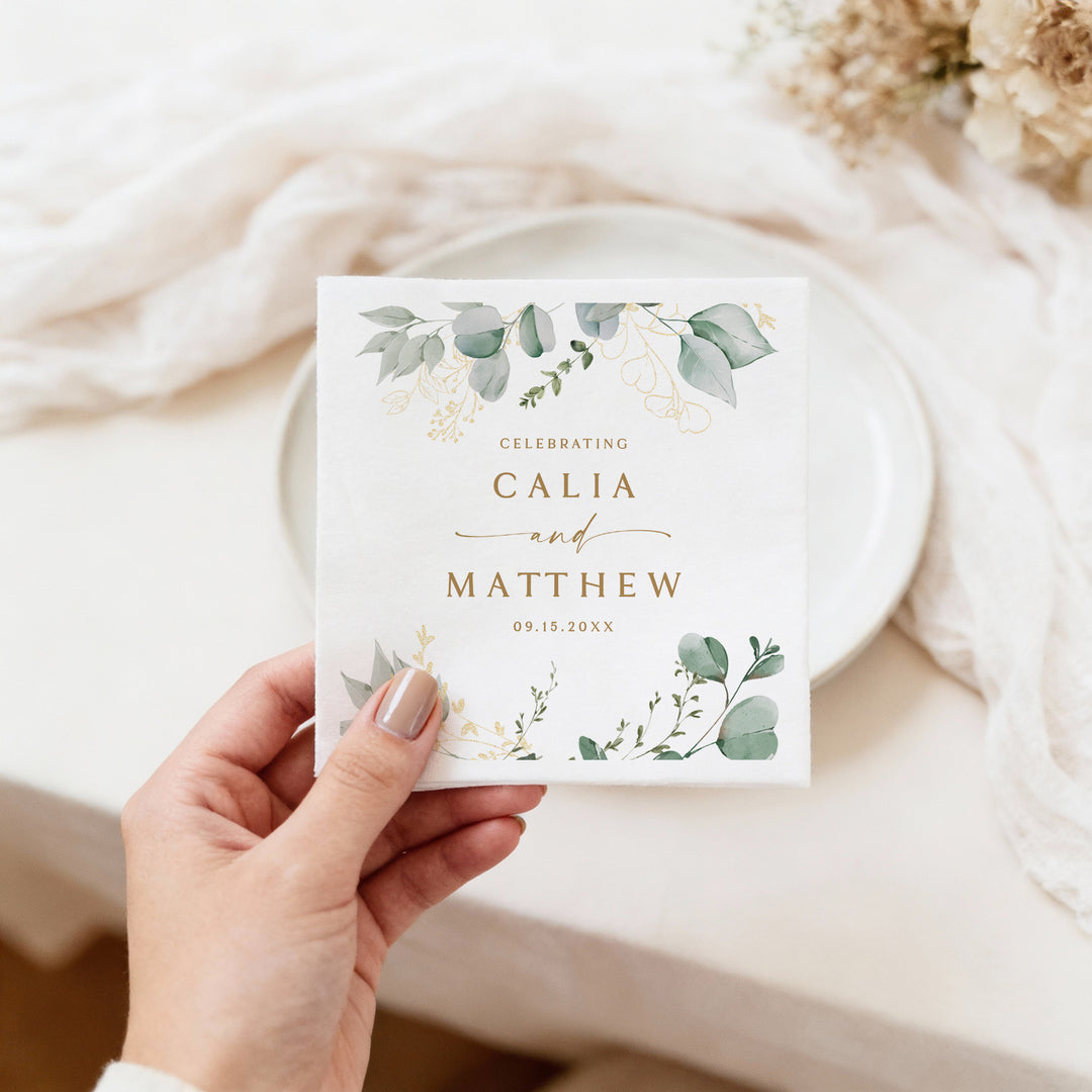 CALIA Sage Green and Gold Eucalyptus Wedding Napkins