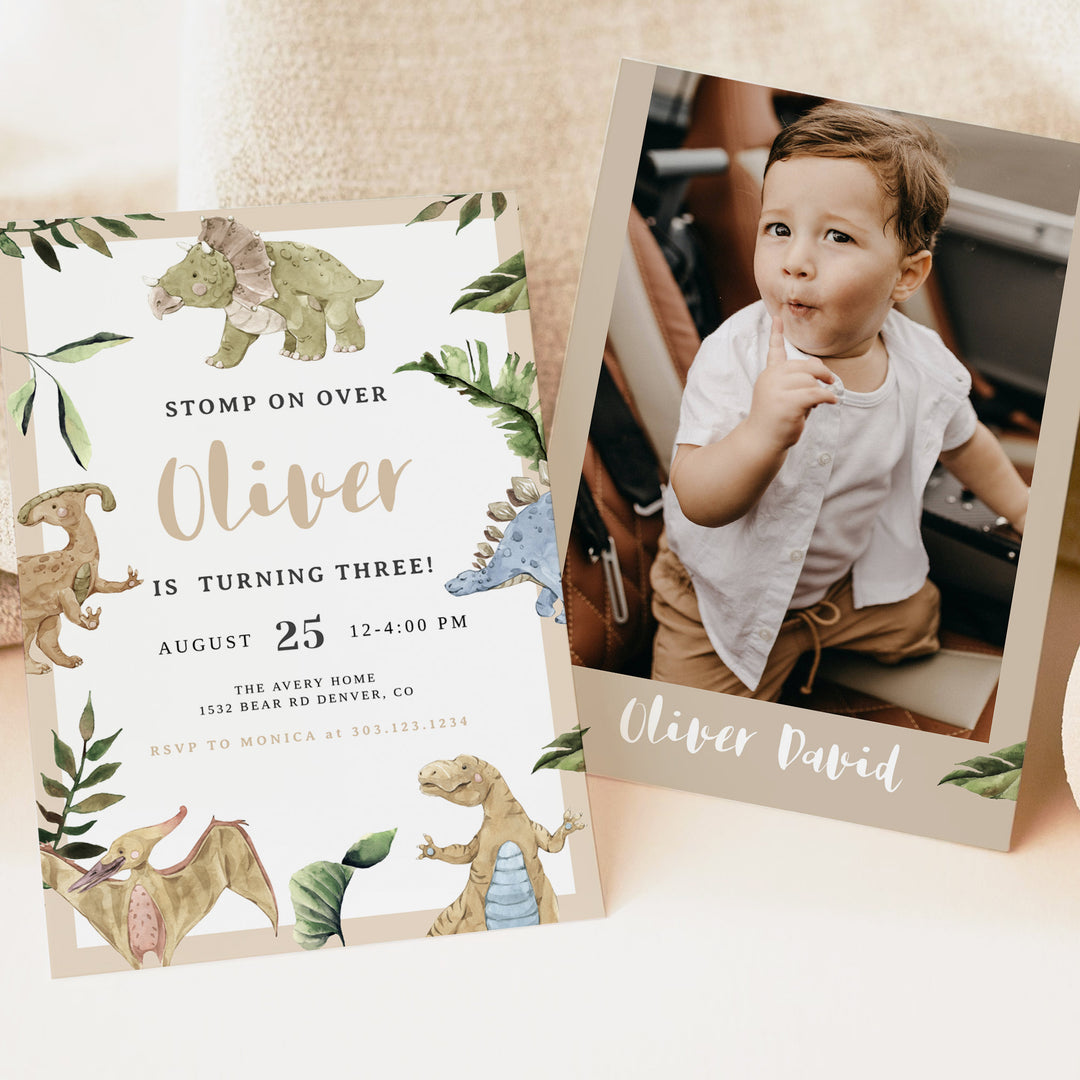 SPIKE Rustic Baby Boy Dinosaur Birthday Party Invitations with Photo