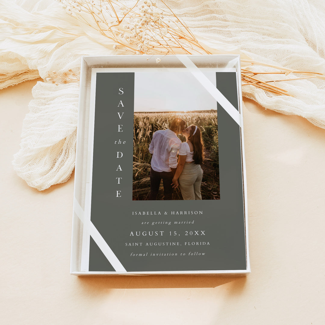 NINA Elegant Olive Green Wedding Save the Date Card with Photos