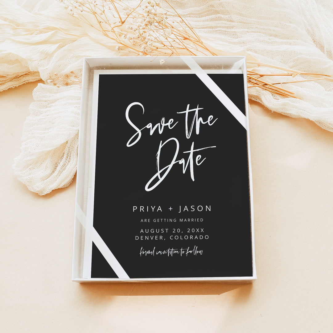 PRIYA Modern Black and White Wedding Save the Dates with Photo