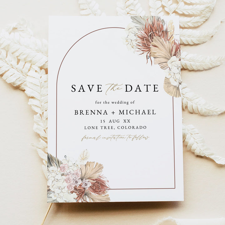BRENNA Boho Tropical Palm Arch Save the Date Printed or Instant Download