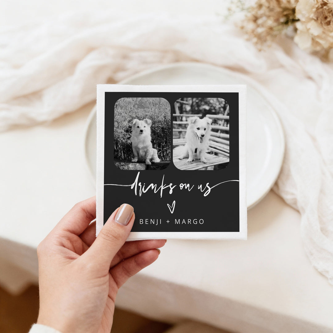 PRIYA Drinks On Us Black and White Pet Photo Napkins for Wedding