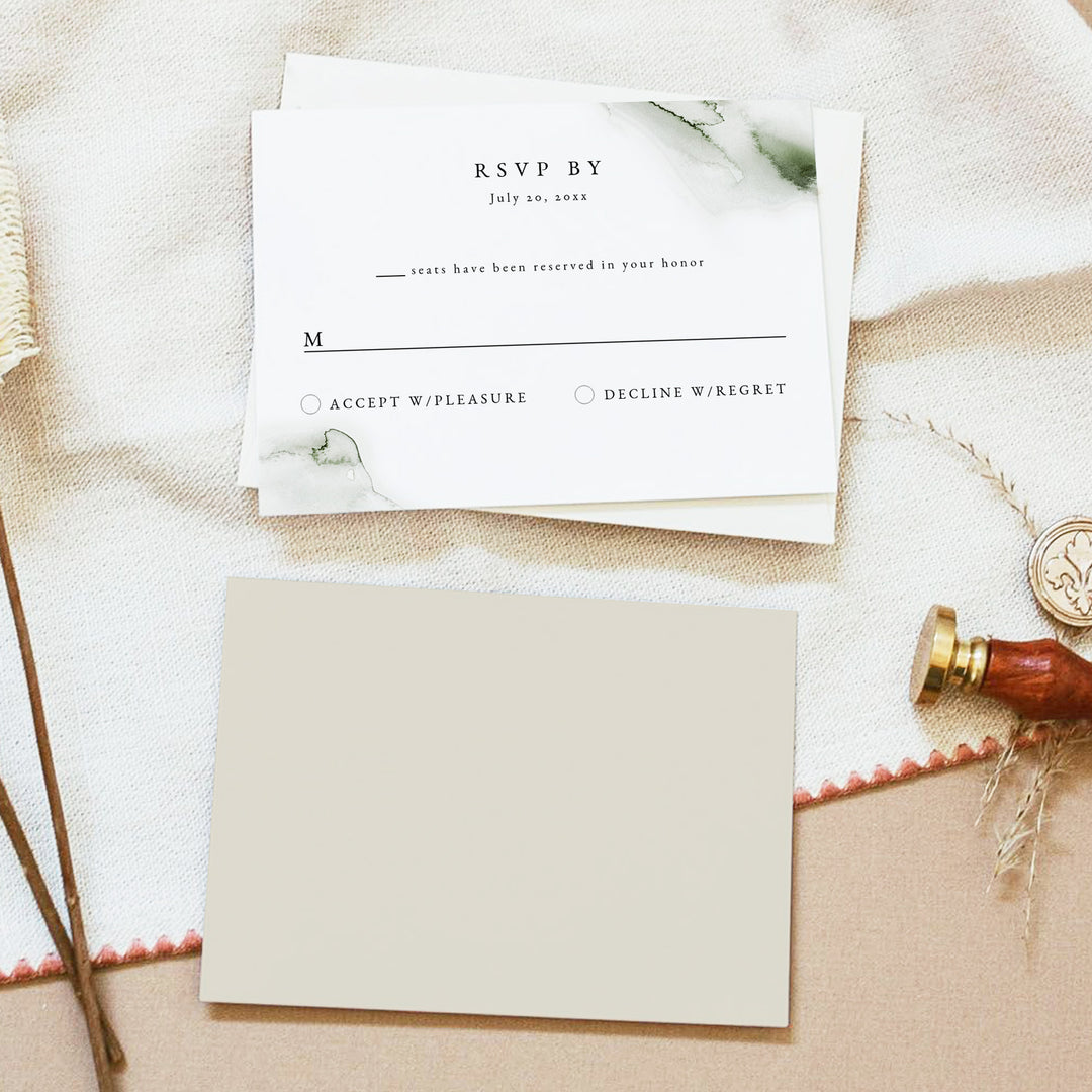 MONA Green Watercolor Minimalist Wedding RSVP Card with Envelopes