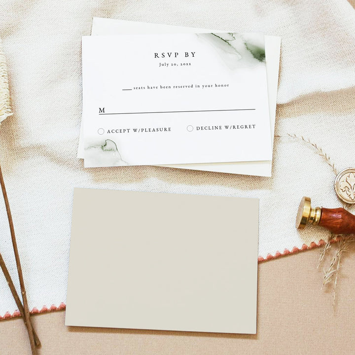 MONA Green Watercolor Minimalist Wedding RSVP Card with Envelopes