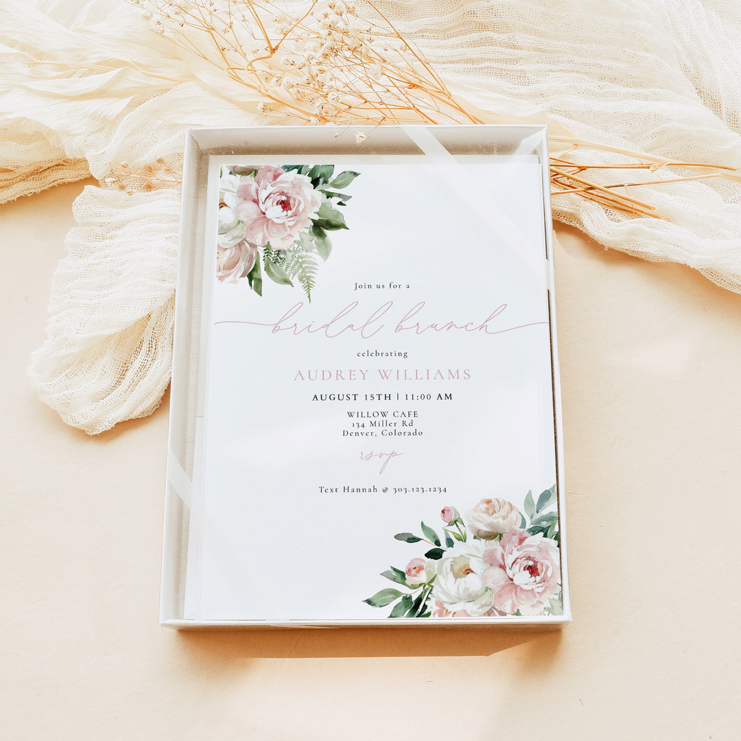 AUDREY Blush Pink Peony Floral Bridal Shower Brunch Invitation