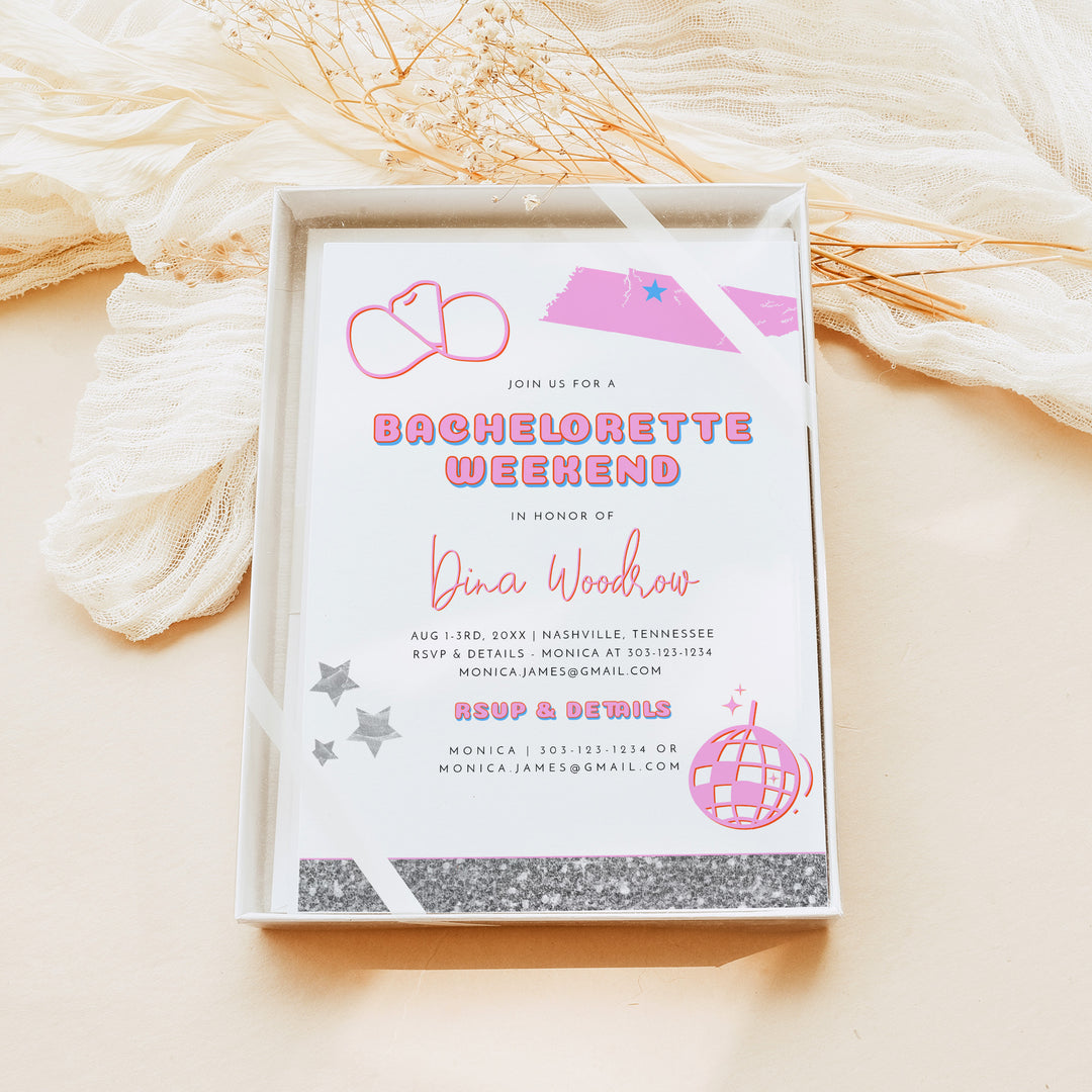 DINA Retro Pink Disco Cowgirl Bachelorette Invitations & Itinerary