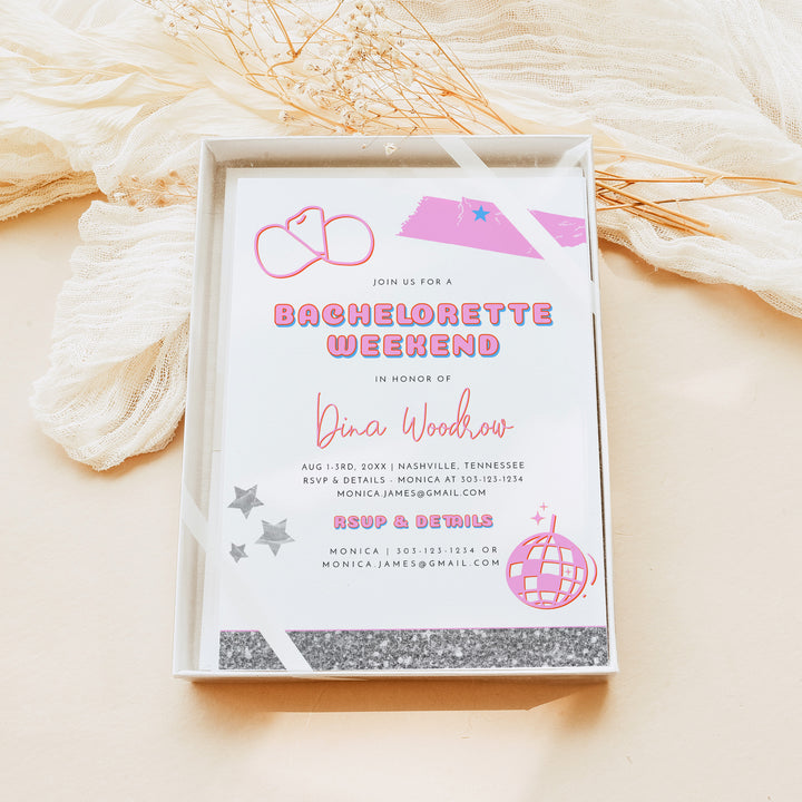 DINA Retro Pink Disco Cowgirl Bachelorette Invitations & Itinerary