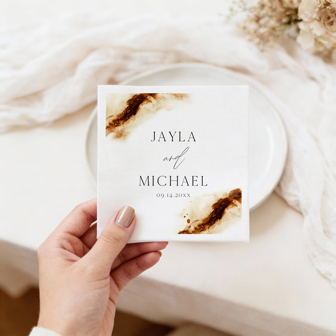 JAYLA Burnt Orange Watercolor Personalized Wedding Napkins