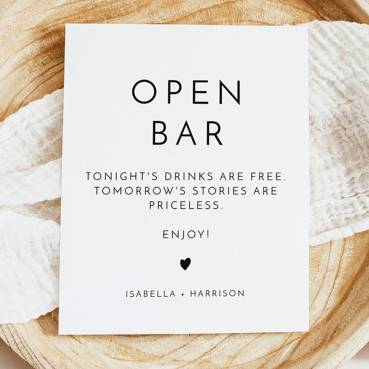 KENNEDY Modern Black and White Open Bar Wedding Sign Unframed