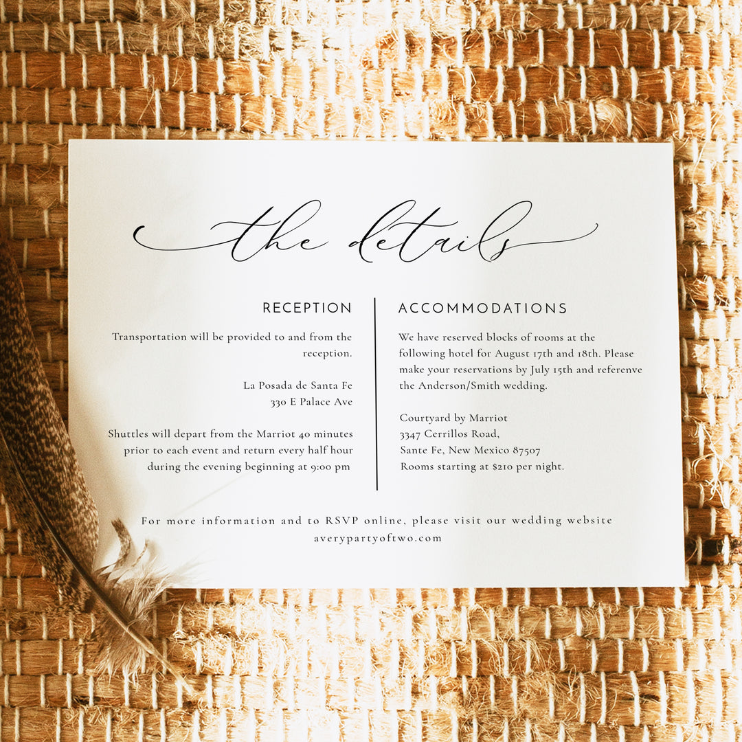 VALENTINA Elegant Script Minimalist Wedding Details Insert Card
