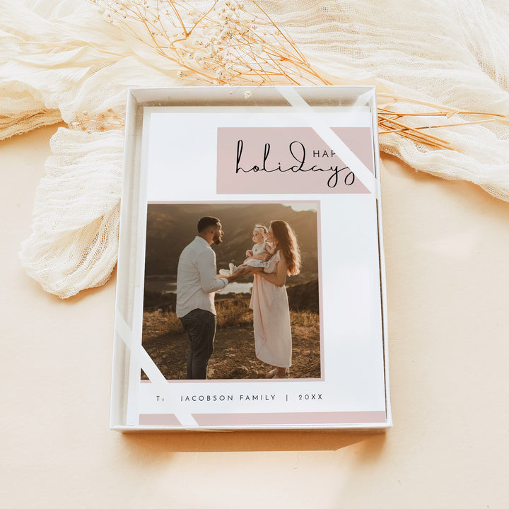 JALAINE Modern Blush Pink Happy Holidays Card with Photos