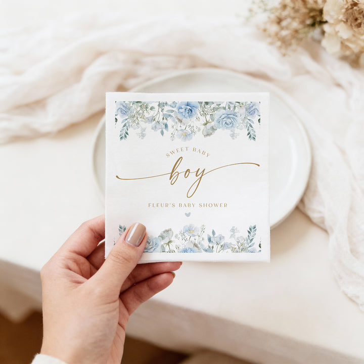 FLEUR Custom Dusty Blue Floral Boy Baby Shower Napkins FLEUR