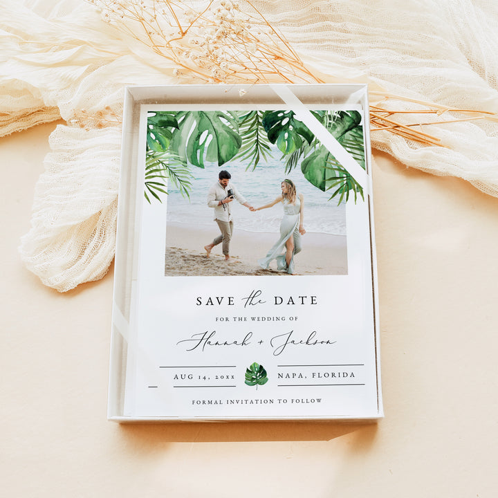 CORA Tropical Beach Engagement Photo Save the Date Cards