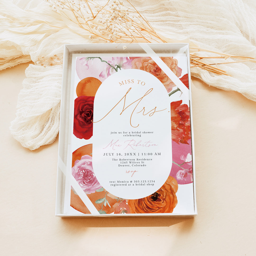 MAX Miss to Mrs Hot Pink & Orange Floral Bridal Shower Invitations