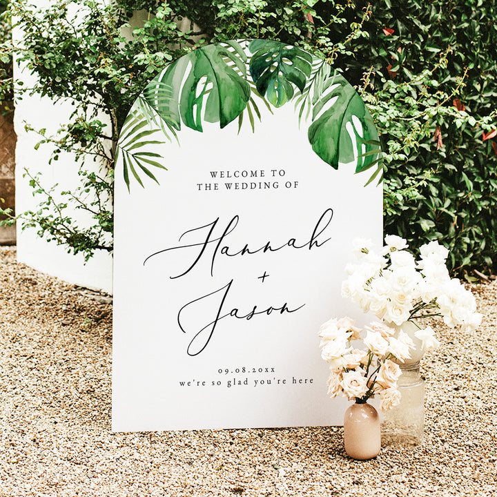 CORA Green Watercolor Monstera and Palm Wedding Welcome Sign