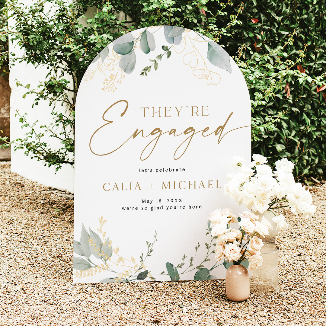 CALIA Green and Gold Botanical Engagement Party Welcome Sign
