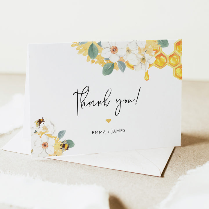 ROMY Watercolor Floral Bee Birthday or Baby Shower Thank You Card