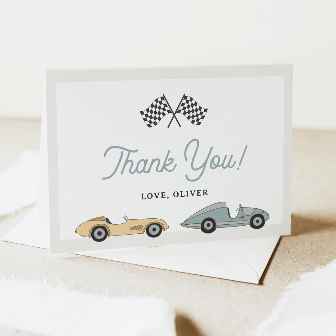 MAVERICK Retro Race Car 1st Birthday or Baby Shower Thank You Cards