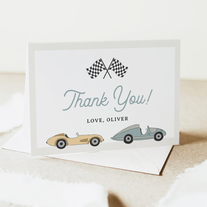 MAVERICK Retro Race Car 1st Birthday or Baby Shower Thank You Cards