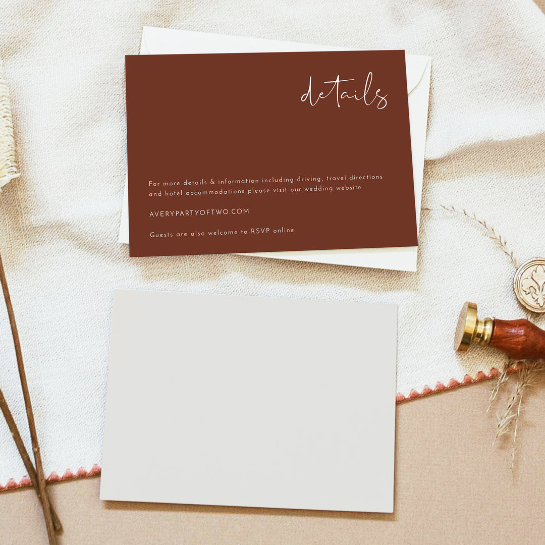 CORIANDER Simple Burnt Orange Desert Wedding Details Card