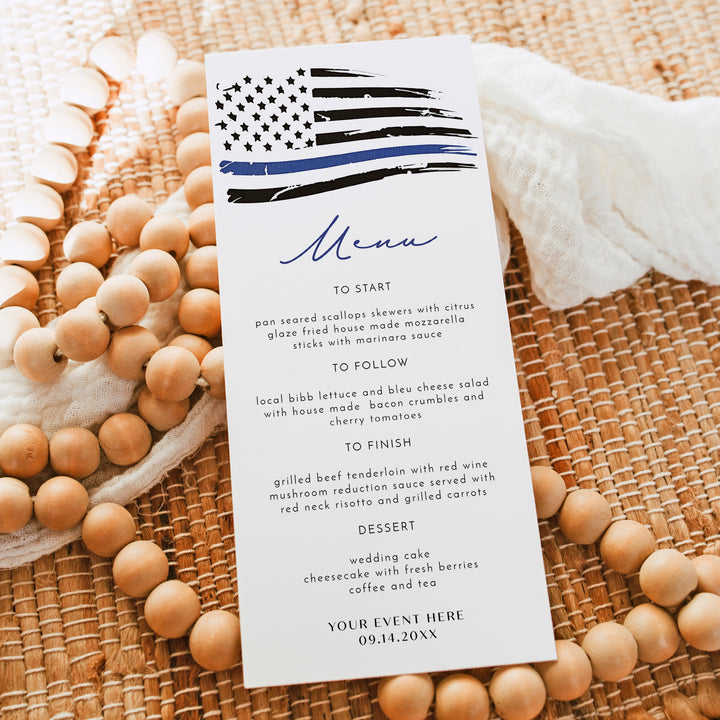 POLICE Flag Thin Blue Line Graduation or Retirement Party Menu Cards