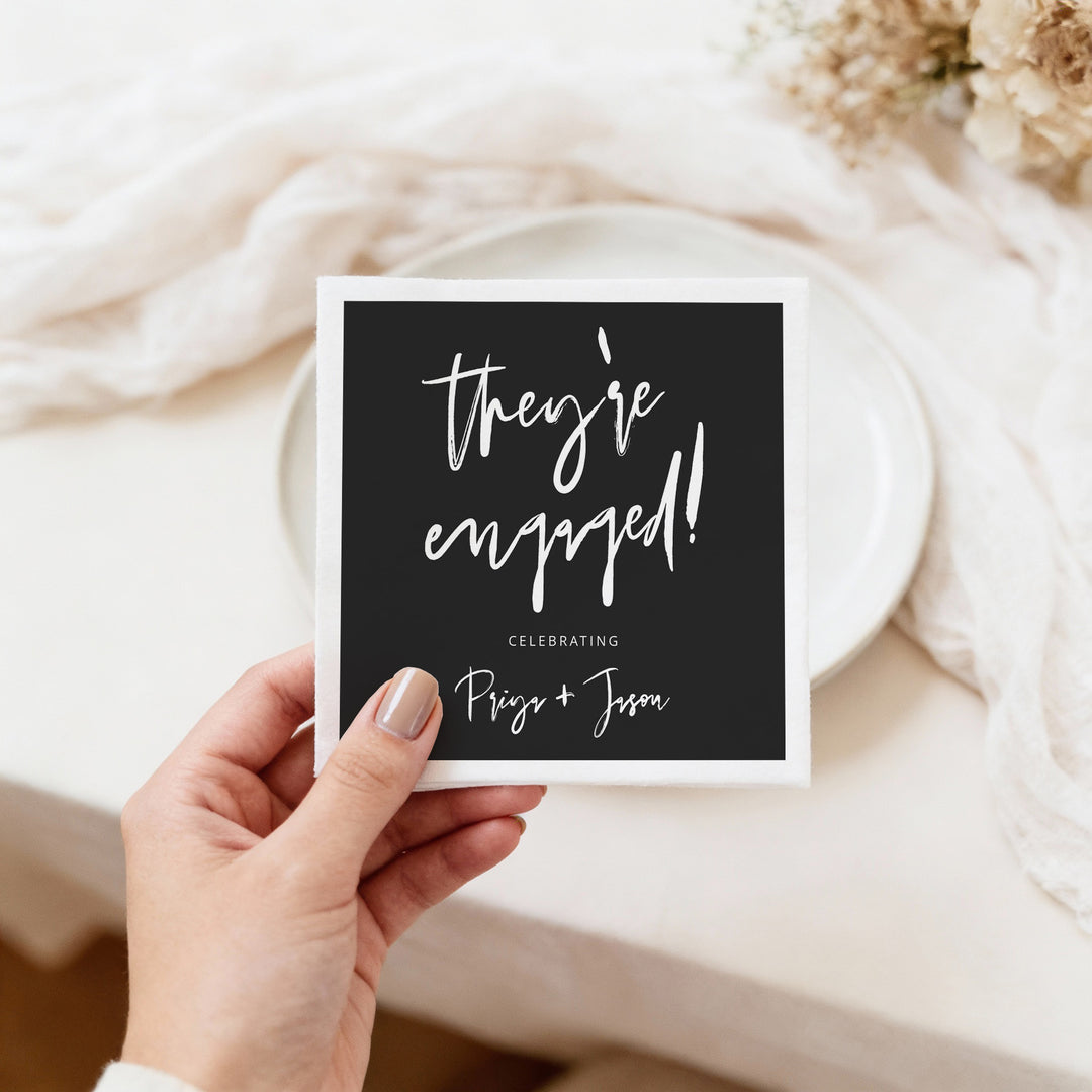 PRIYA They're Engaged Minimalist Black Engagement Napkins