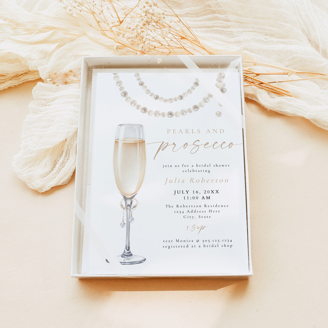 JULIA Pearls and Prosecco Elegant Champagne Bridal Shower Invitation