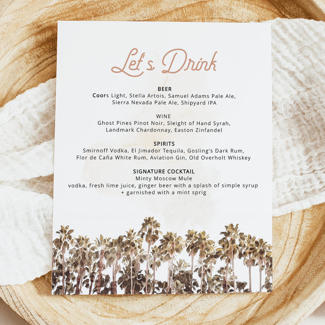 NANI Retro Palm Tree Tropical Beach Wedding Bar Menu Sign Unframed