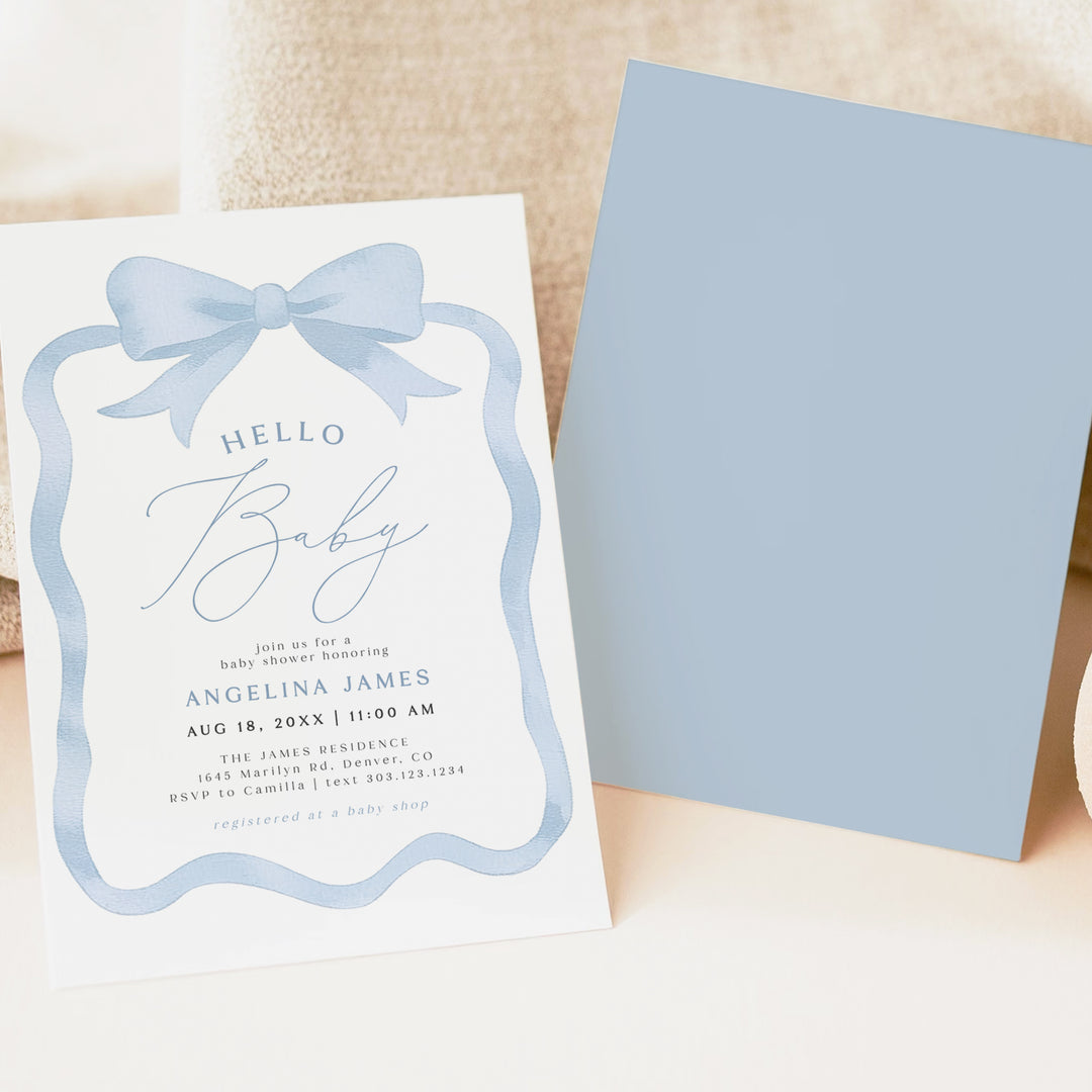 ANGELINA Dusty Blue Coquette Bow Hello Baby Shower Invitation