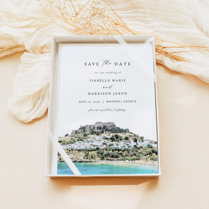 RHODES Coastal Greek Wedding Photo Save the Date Invite