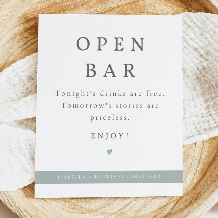 NINA Modern Sage Green Open Bar Wedding Sign Unframed