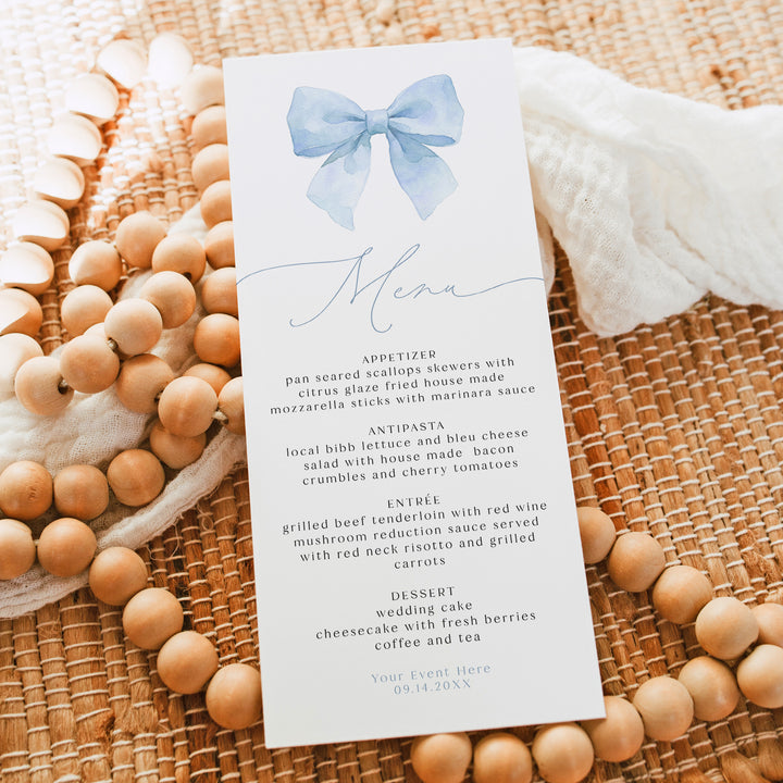 ANGELINA Elegant Dusty Blue Bow Menu Cards