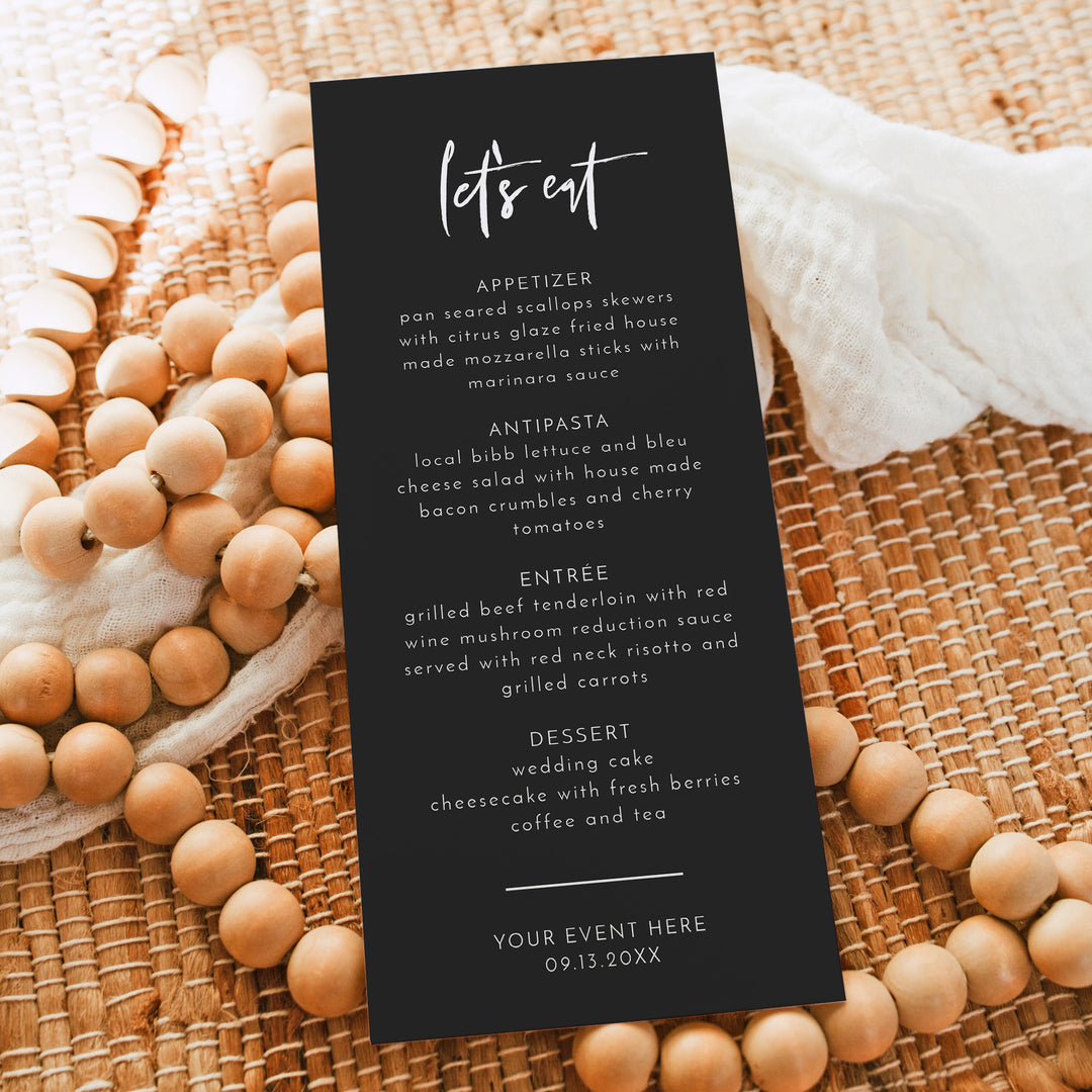 PRIYA Edgy Modern Black Let's Eat Menu Cards