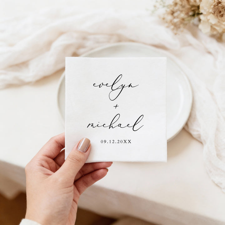 EVELYN Personalized Black and White Mininalist Wedding Napkins