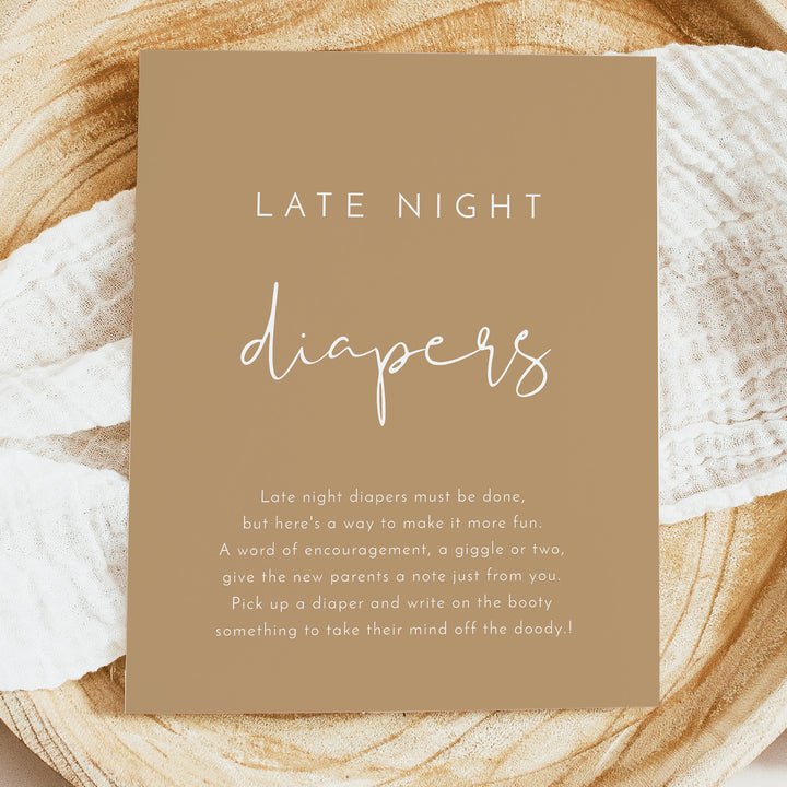 INDIE Taupe Late Night Diapers Baby Shower Sign - Unframed