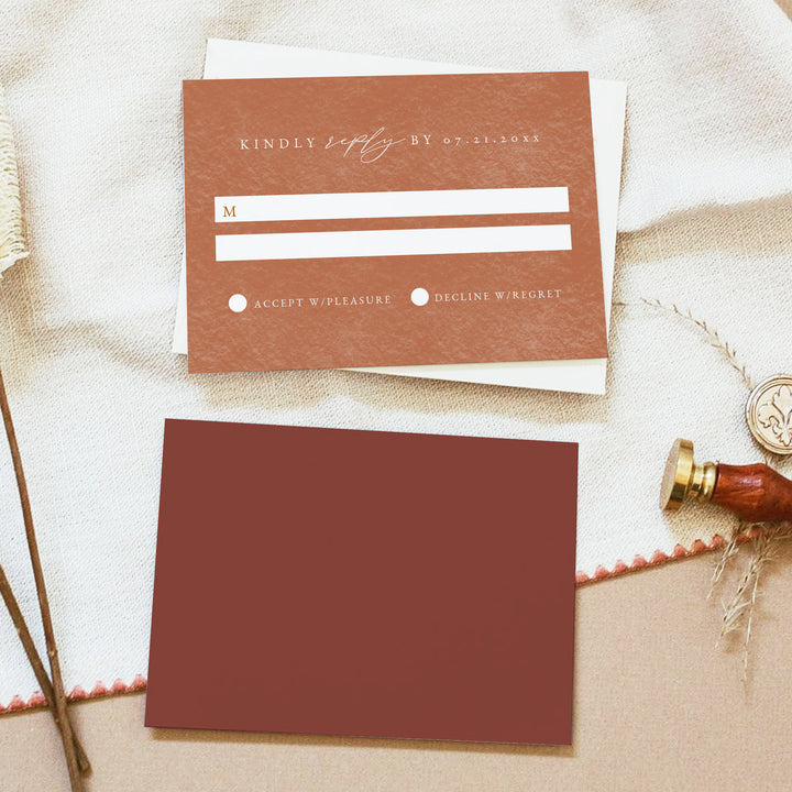 OPHELIA Minimalist Burnt Orange Wedding RSVP Card with Envelopes
