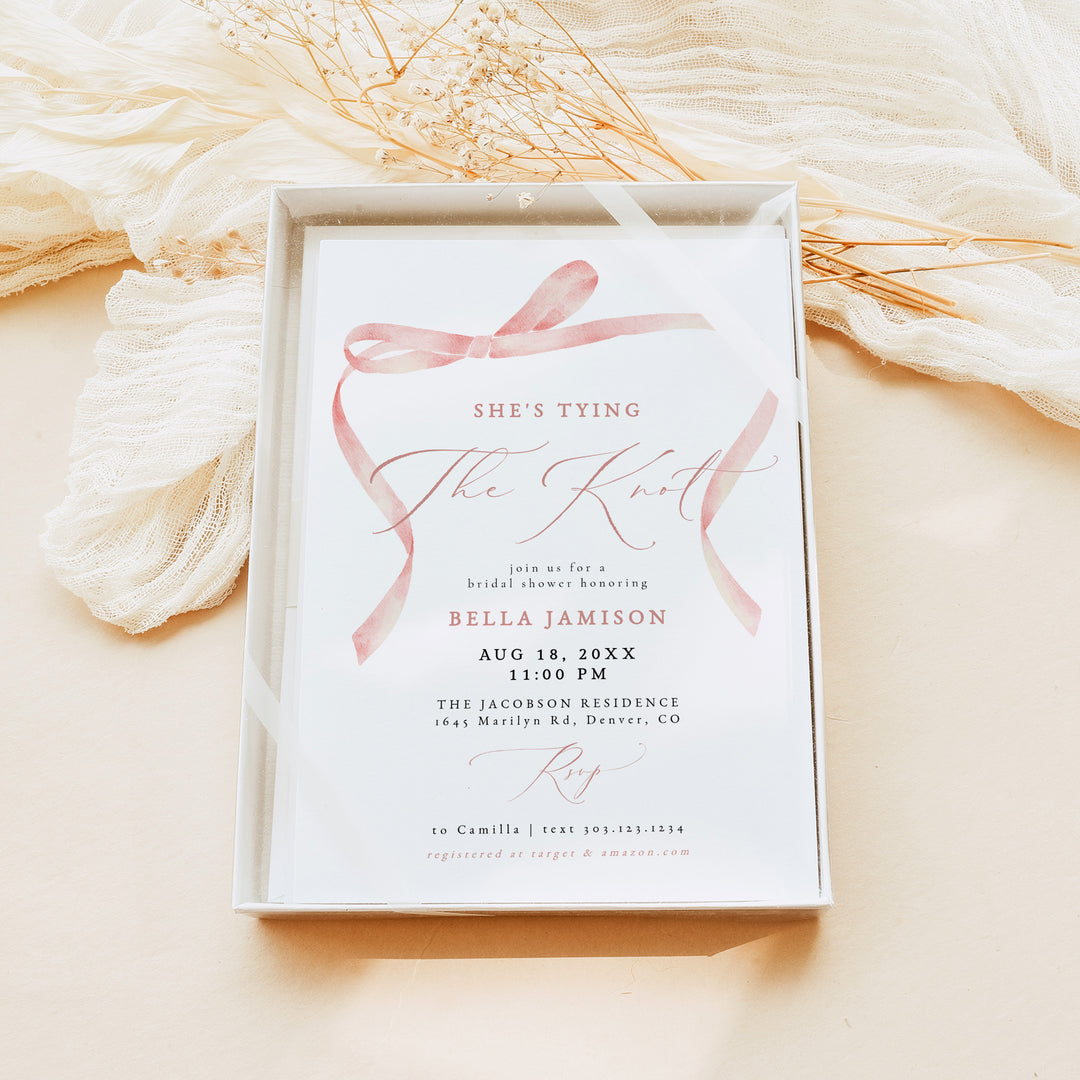 BELLA She's Tying The Knot Blush Pink Bow Bridal Shower Invite